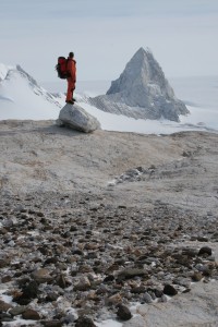 Erratic boulder and Minaret Peak, Ellsworth Mountains, Antarctica. Photo: Mike Bentley.
