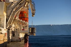 The CTD (conductivity-temperature depth profiler) being deployed near Pine Island Glacier during JR294/295. Photo: Povl Abrahamsen, BAS